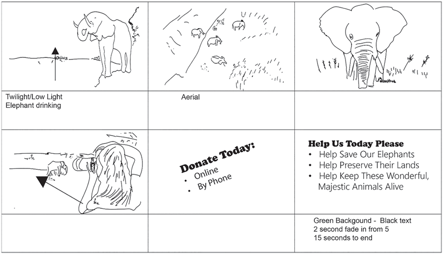 Six-panel January 2024 elephant campaign storyboard. Sketches of an elephant drinking, an aerial view, an elephant close-up, a photographer, a Donate Today graphic and a Help Us Today Please graphic, with most notes rows left blank.