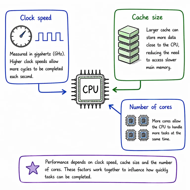 Whiteboard-style study diagram showing clock speed, cache size, number of cores, and a note about bottlenecks affecting CPU performance.