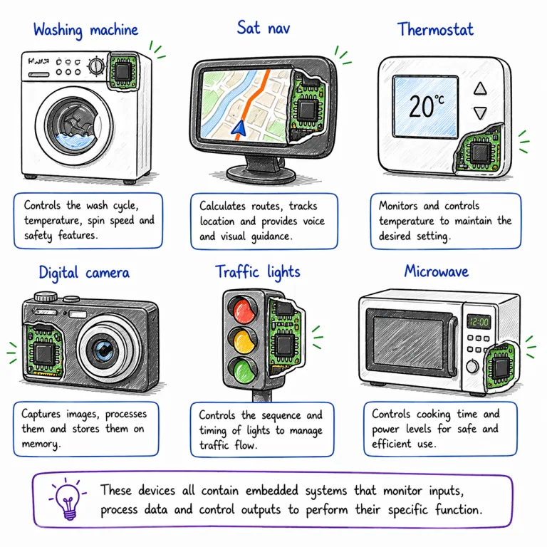 Whiteboard-style study diagram showing examples of embedded systems including a washing machine, sat nav, thermostat, camera, traffic lights, and a microwave.